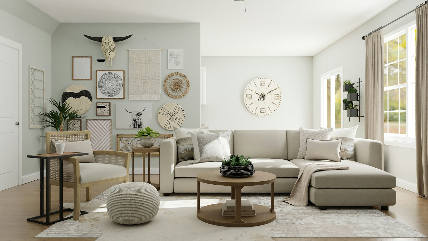 A pale, textured living room in natural light